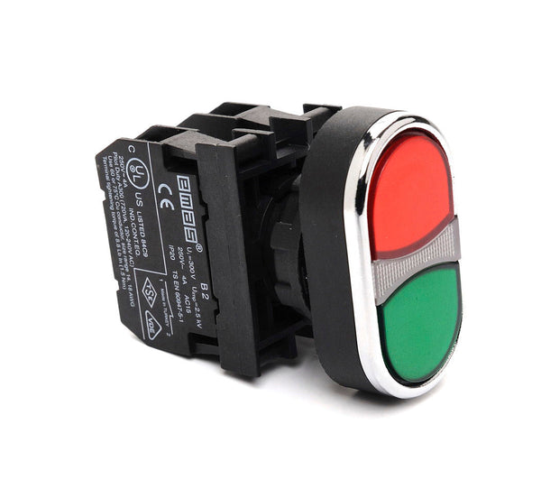 Green & Red Double Push Button - B102K20KY - 1 NO + 1 NC