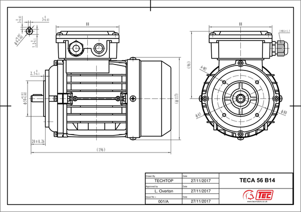 0.12KW Motor 2P 230V-415V IE2 56 Frame - Aluminium - TEC - B14
